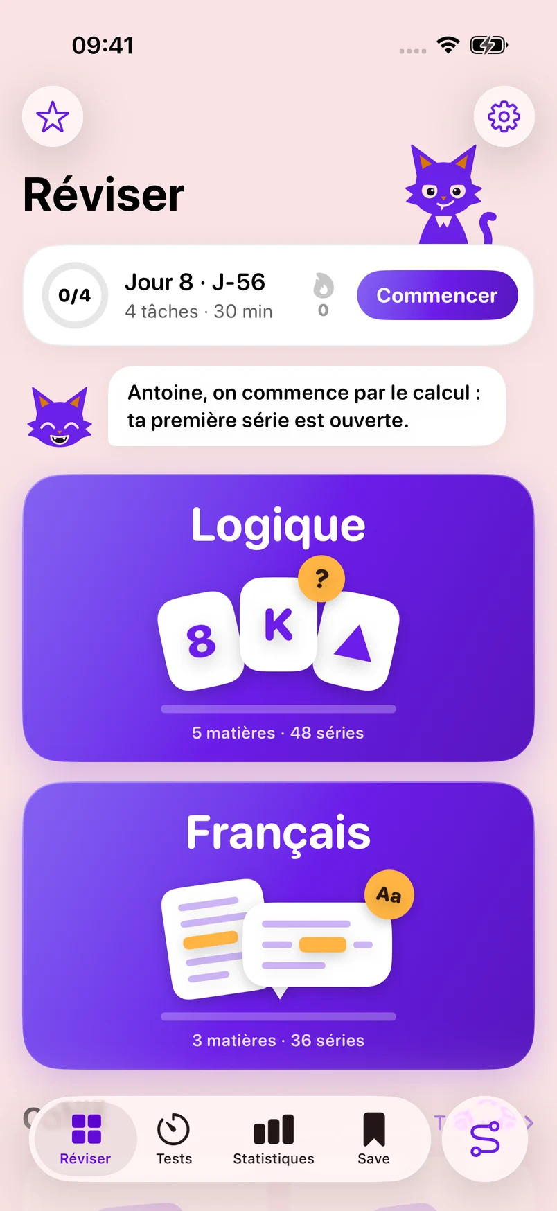 L'écran Réviser de Happr : Griffe en haut, le Parcours du jour (jour 8, J-56, 4 tâches, 30 minutes), puis les deux portes, Logique et Français, et les onglets en bas.