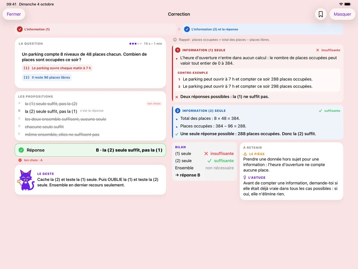 La correction d'une question de conditions minimales sur iPad : la question à gauche, et à droite l'information (1) insuffisante, l'information (2) suffisante, le bilan, le piège et l'astuce.
