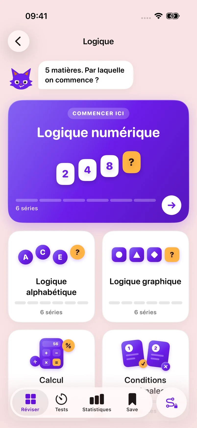 La page Logique : Griffe demande « 5 matières. Par laquelle on commence&nbsp;? », puis les matières : Logique numérique, alphabétique, graphique, Calcul et Conditions minimales.