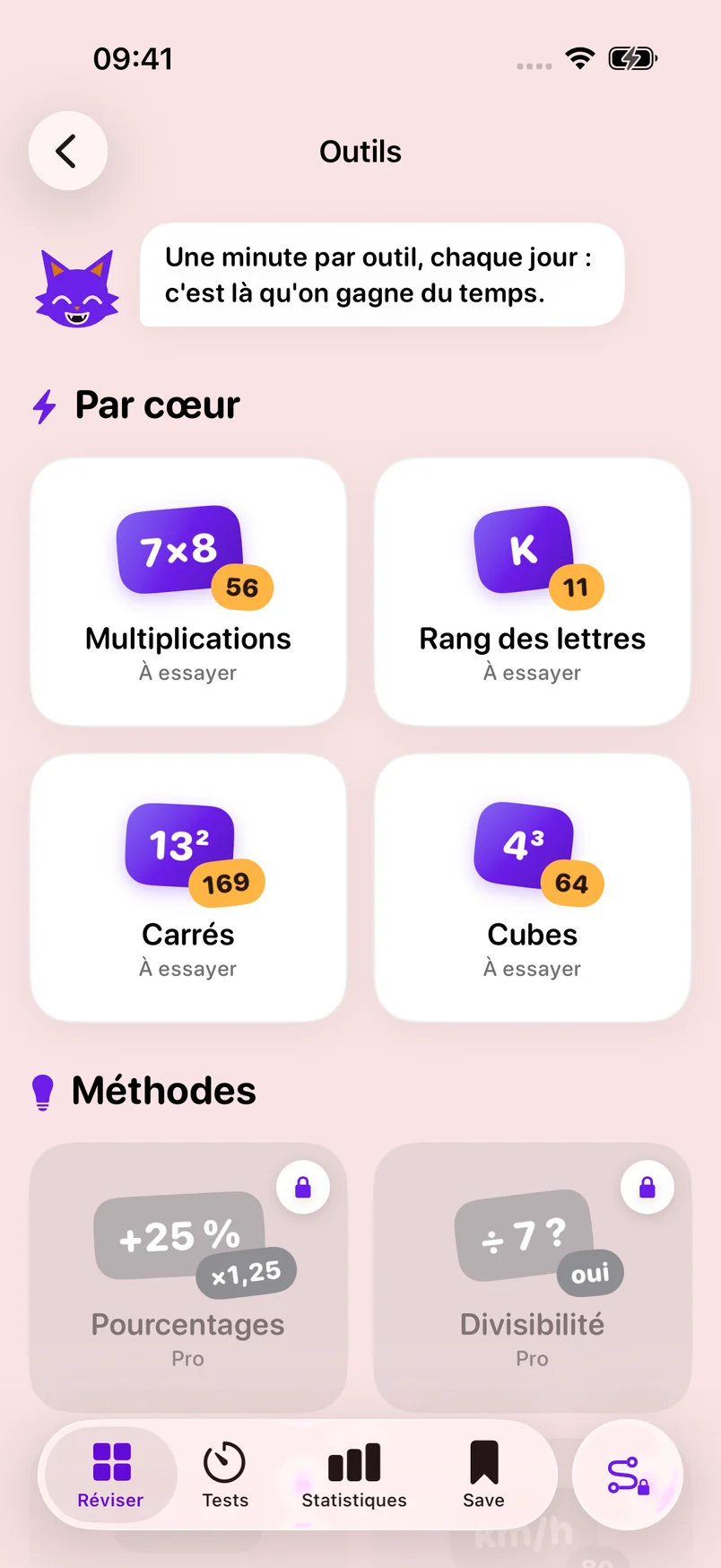 La page Outils : « Par cœur » avec Multiplications, Rang des lettres, Carrés et Cubes, puis « Méthodes » avec Pourcentages et Divisibilité.