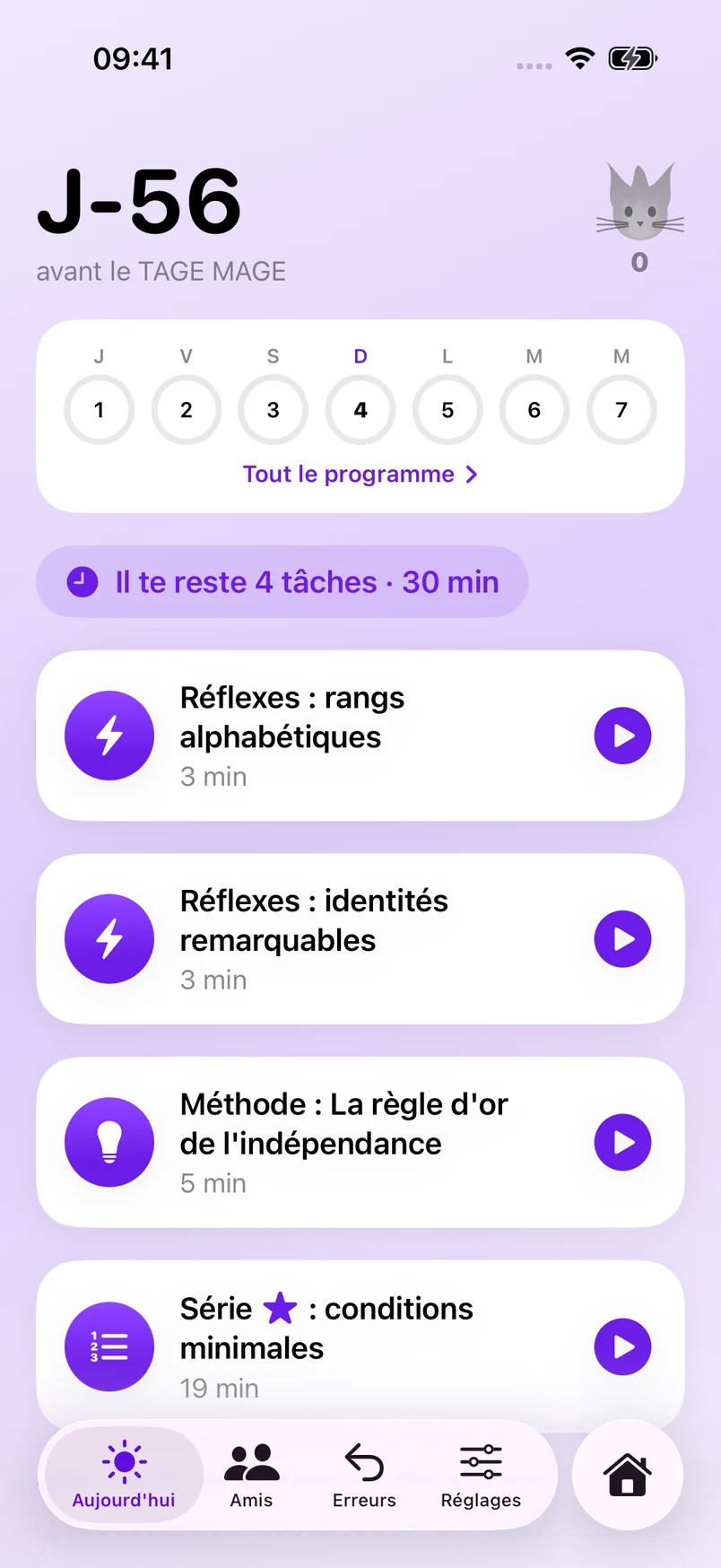 Le Parcours à J-56 : la semaine en cours, puis les 4 tâches du jour, pour 30 minutes : deux séances de réflexes, une méthode et une série de conditions minimales.