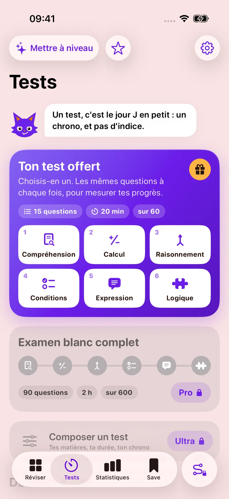 L'écran Tests : le test offert de 15 questions en 20 minutes pour chacun des six sous-tests, l'examen blanc complet de 90 questions en 2 heures noté sur 600, et « Composer un test ».